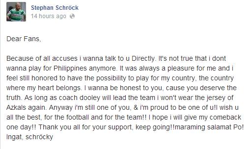 Official statement released on social media by Stephan Schrock